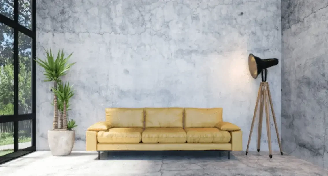interior modern loft concrete living room painting design retro style furniture copy space wall mock up 3d