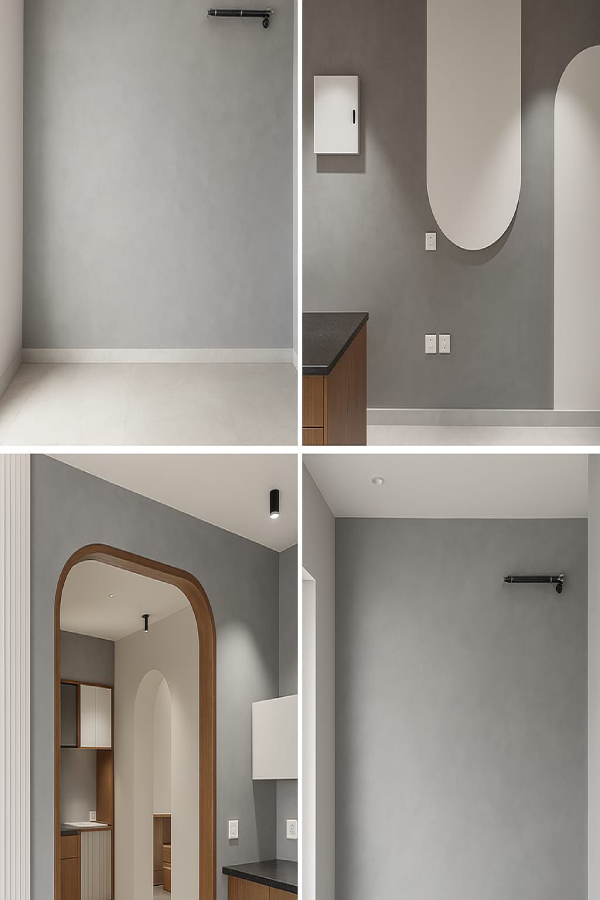 Grey lime plaster wall with concrete finish in living room